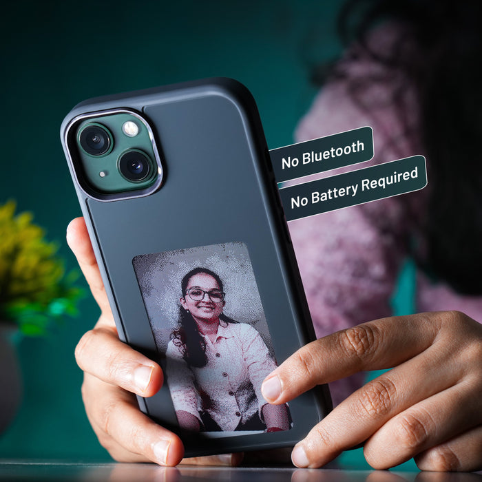 NFC mobile cover with replaceable photo for iPhone 14, iPhone 15, iPhone 15 Pro